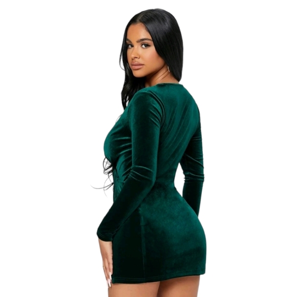 Petite Dark GreenTwist Front Wrap Velvet Dress - Picture 3 of 5